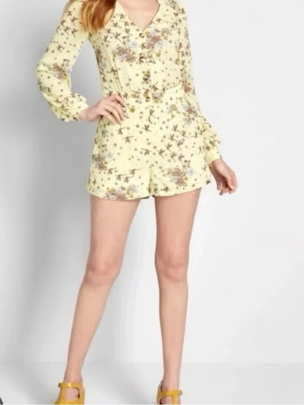 ModCloth Yellow Dragonfly Retro Floral Time to Suit Up Long Sleeve Romper - Picture 3 of 10